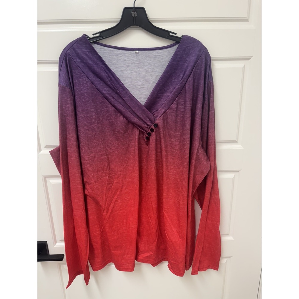 Unbranded Womens Plus 5XL V Neck Ombre Pullover Blouse Purple Red Long Sleeve